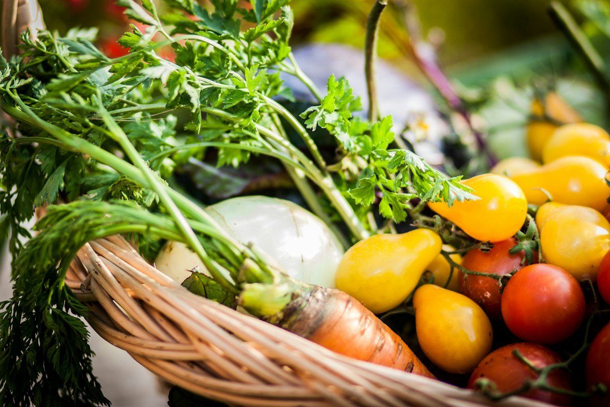 Korb mit frischem Gemüse, Tomaten und Kräutern